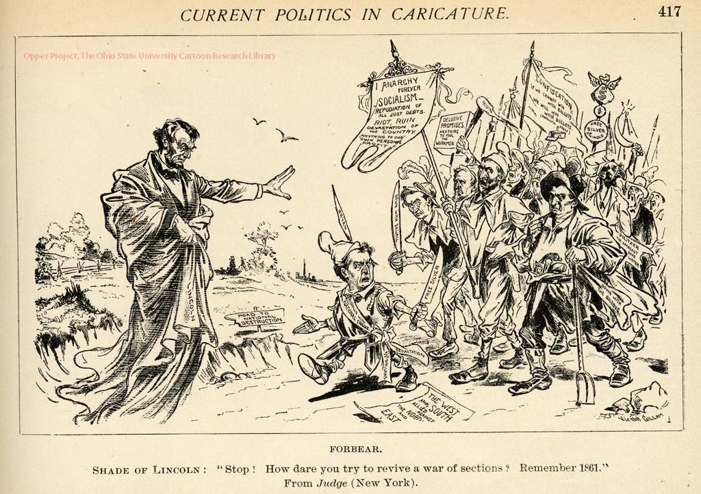 1896 Political cartoon against William Jennings Bryan where the spirit of Lincoln halts diminutive Bryan and his followers on their "path to national destruction." Image Source: The Ohio State University Cartoon Research Library