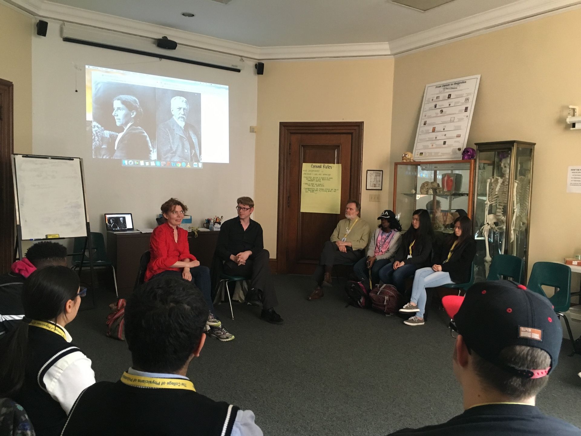 Jennifer Summerfield and Josh Hitchens describe their production of the Yellow Wallpaper to the Karabots Junior Fellows