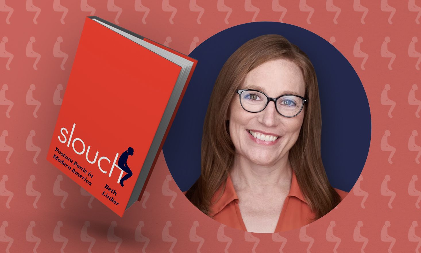 Book with red cover that reads "slouch" and photo of the author, a woman in glasses, against a red background