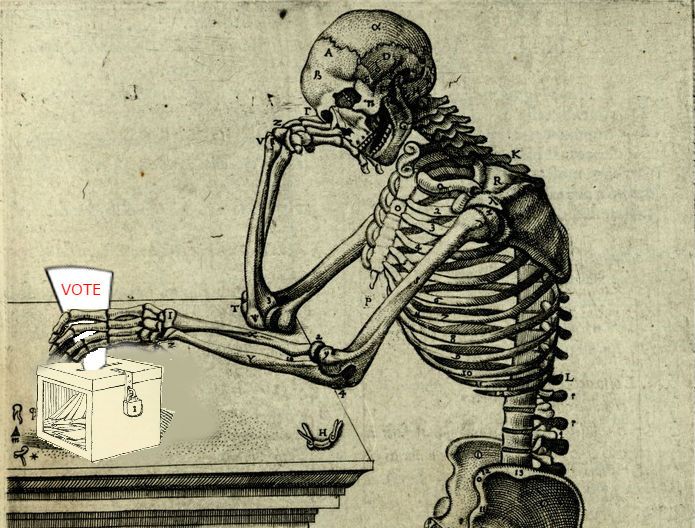 Logo for Project Voice: a skeleton from a Vesalius image lost in thought as it casts a vote into a ballot box.
