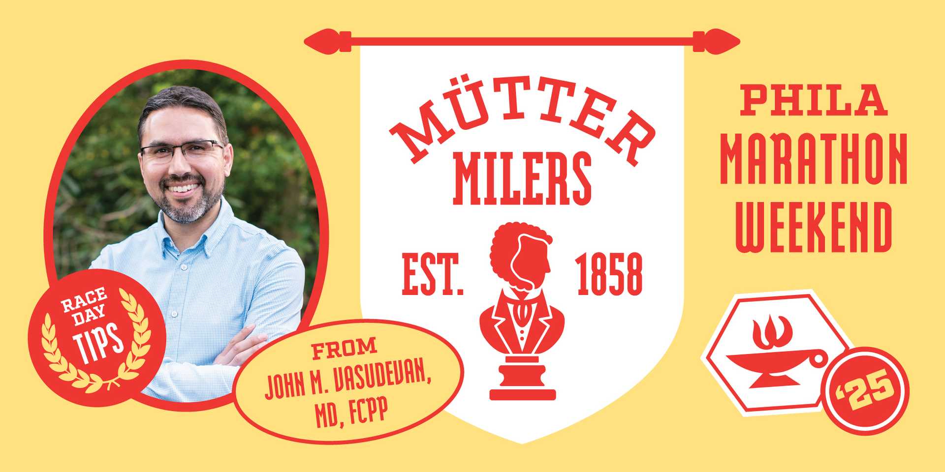 Oval headshot of a man with glasses, brown/gray hair and beard, and blue shirt, against a yellow background, with red and white graphics with text that say "Race Day Tips" "From John M. Vasudevah"