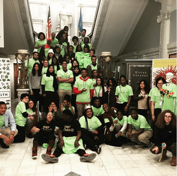 Teens pose on the marble steps of the College of Physicians of Philadelphia during a March 23, 2018, Teen Health Week panel on substance use and abuse