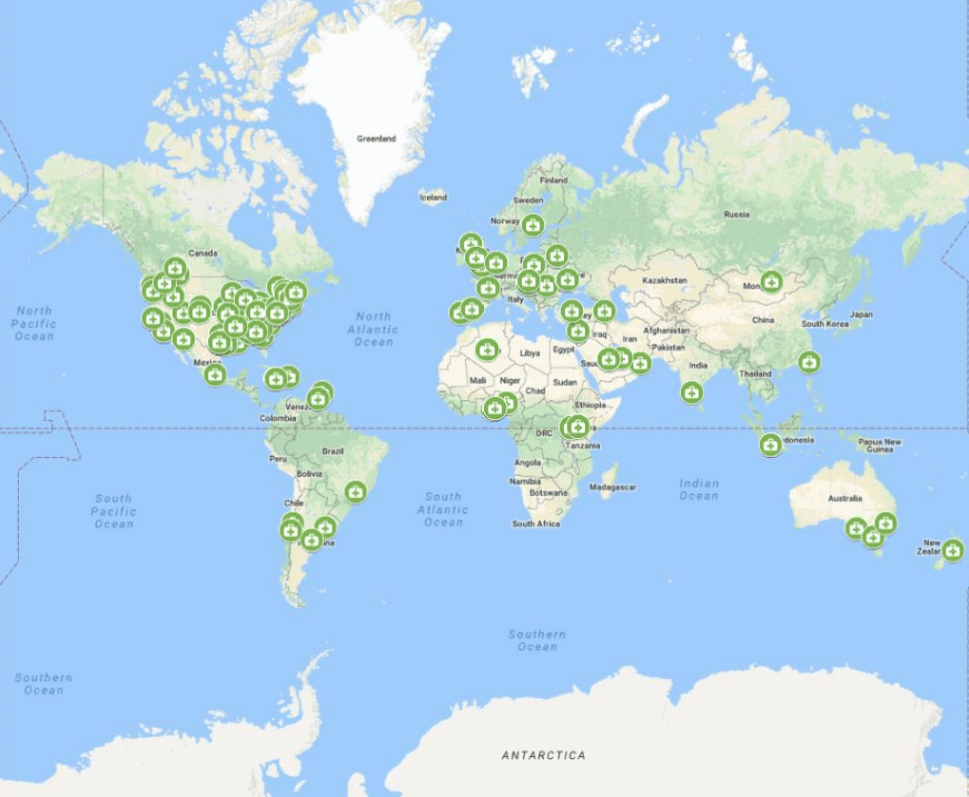 World map with green marks to indicate places where THW 2018 events are taking place