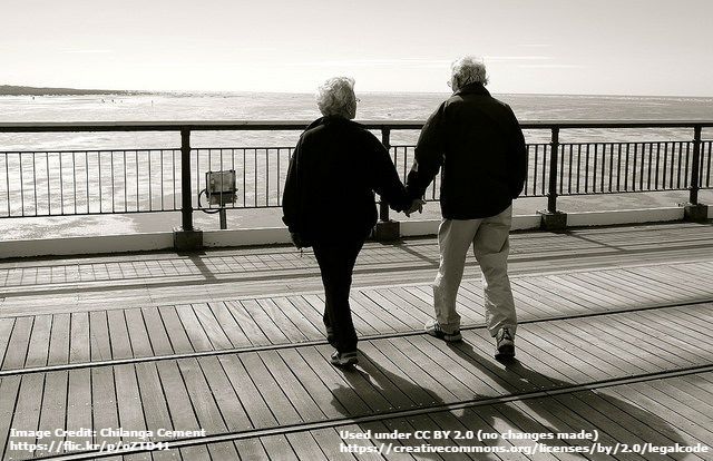 Image of a couple holding hands on a boardwalk while looking out at the ocean
