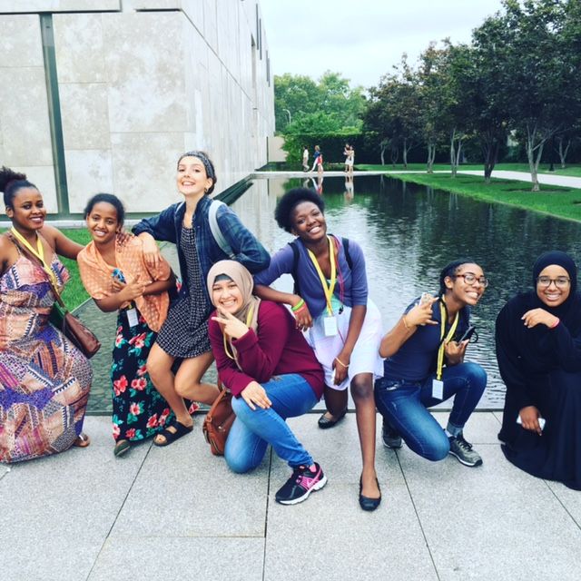 Philadelphia youth from CEPI's Karabots Junior Fellows Program and Teva Pharmaceutivals Internship Program pose in front of the entrance to the Barnes Foundation 