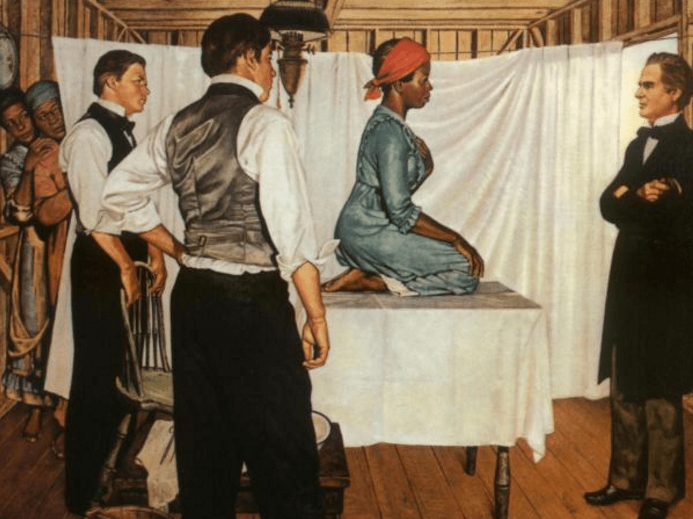 Portrait titled &quot;Illustration of Dr. J. Marion Sims with Anarcha.&quot; An African American woman (Anarcha) kneels on a table covered in a white sheet. Around her are three white men (one on the right [Sims] and two on the left) looking at her. To the left of the portrait, two African American women look on from behind a white sheet. 