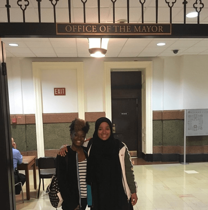 Karabots Junior Fellows Sheila and Hanaa pose at the Mayor's Office at Philadelphia City Hall