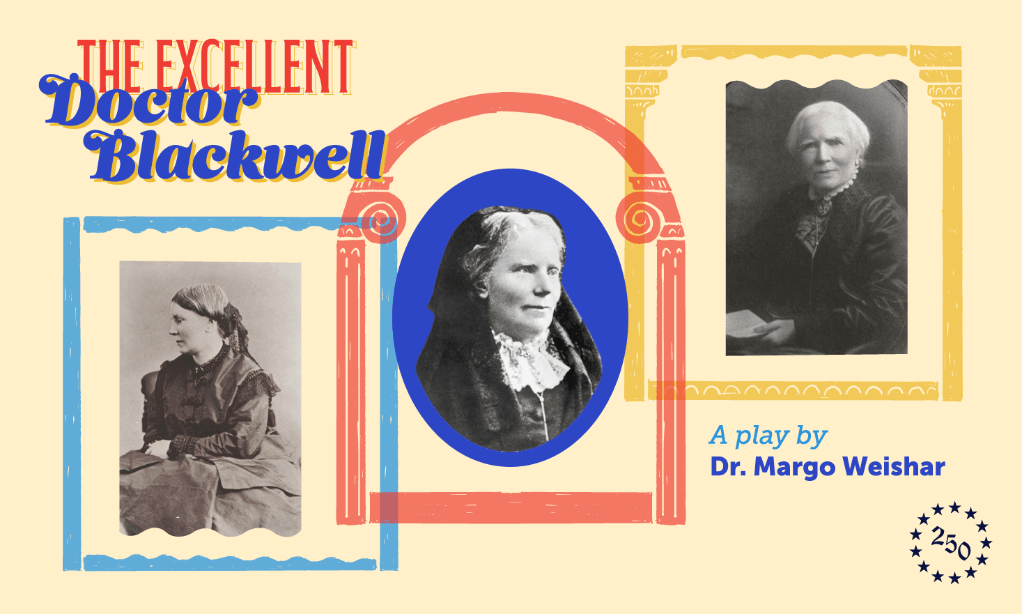 Yellow background with text that says "The Excellent Doctor Blackwell", three images of historical figures all with frames