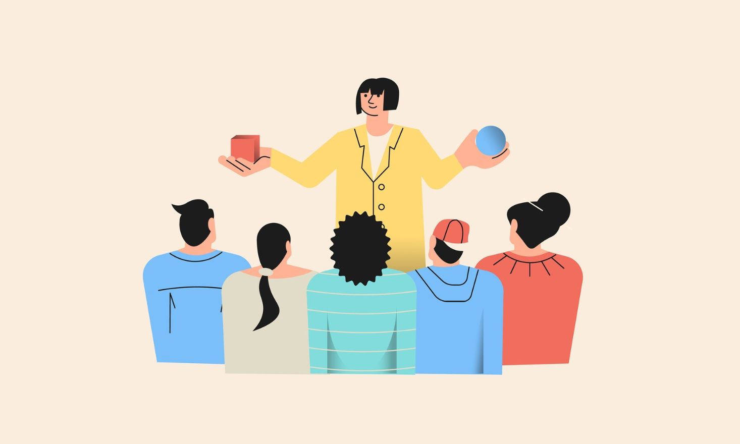 Person holding objects to a group of people.