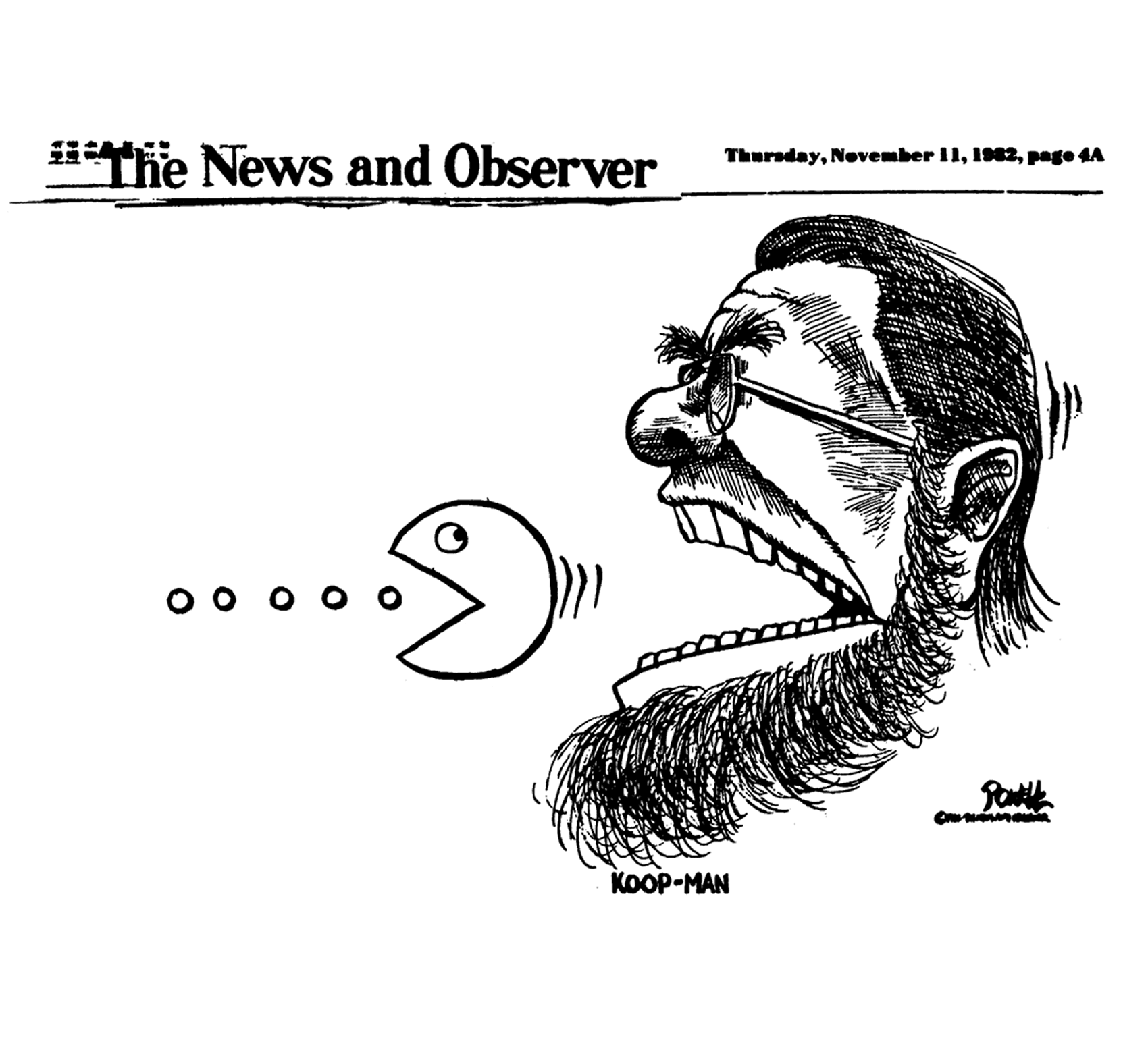 Sketch titled "The News and Observer" of a cartoon style man's face with mouth wide open and surrounding a Pac-Man character with the caption"KOOP-MAN"