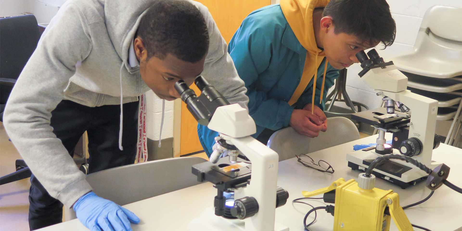 Two teen boys looking through microscopes