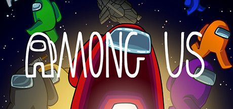 The title text for Among Us with seven vaguely humanoid shaped characters, each colored green, black, yellow, red, purple, orange, and blue floating through space.