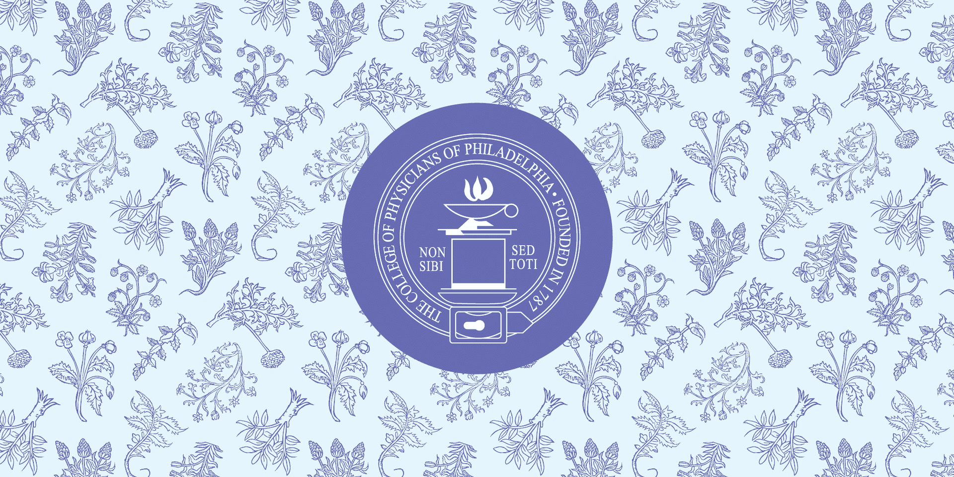 Light blue background with repeating pattern of purple botanical illustrations. The College of Physicians of Philadelphia seal sits on top of a purple circle.