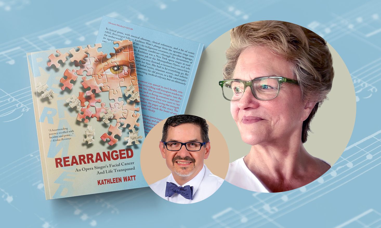 Cover of Rearranged book and photos of the author and event moderator