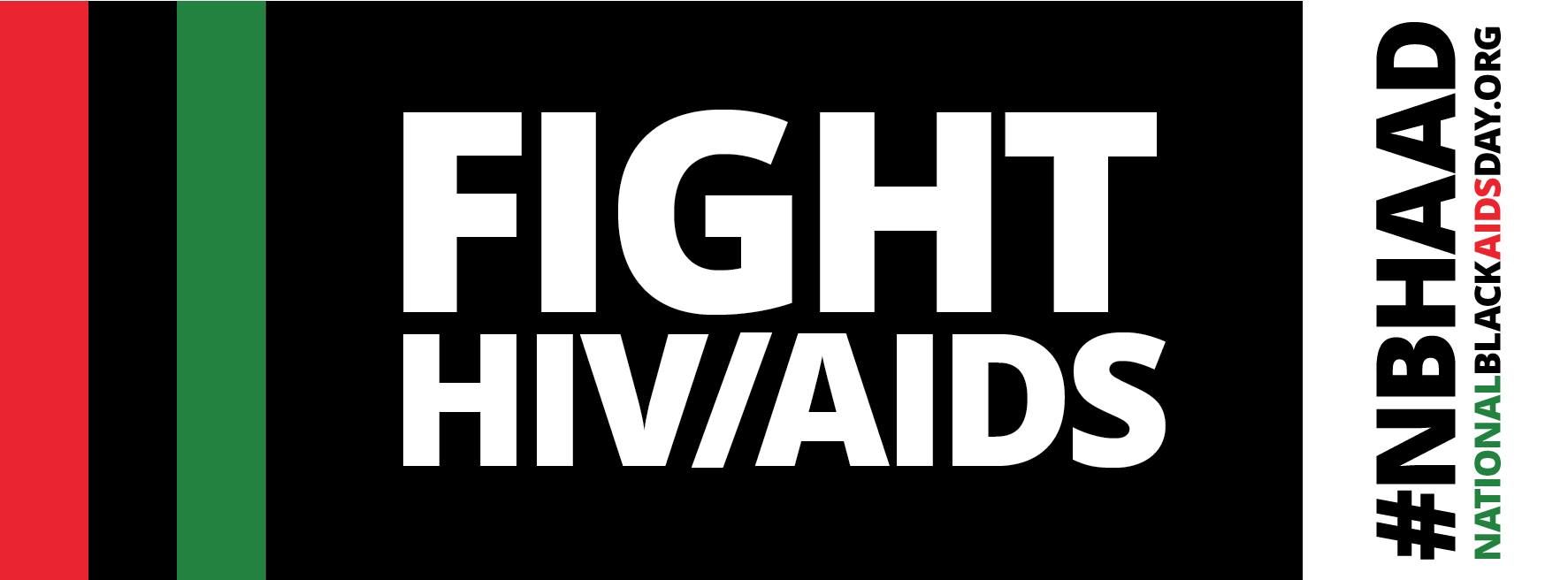 The logo for National Black HIV/AIDS Awareness Day, a black field with a red and green strip running vertically along the left side and a white vertical bar along the right. The words FIGHT HIV/AIDS are printed in white block letters in the middle and the