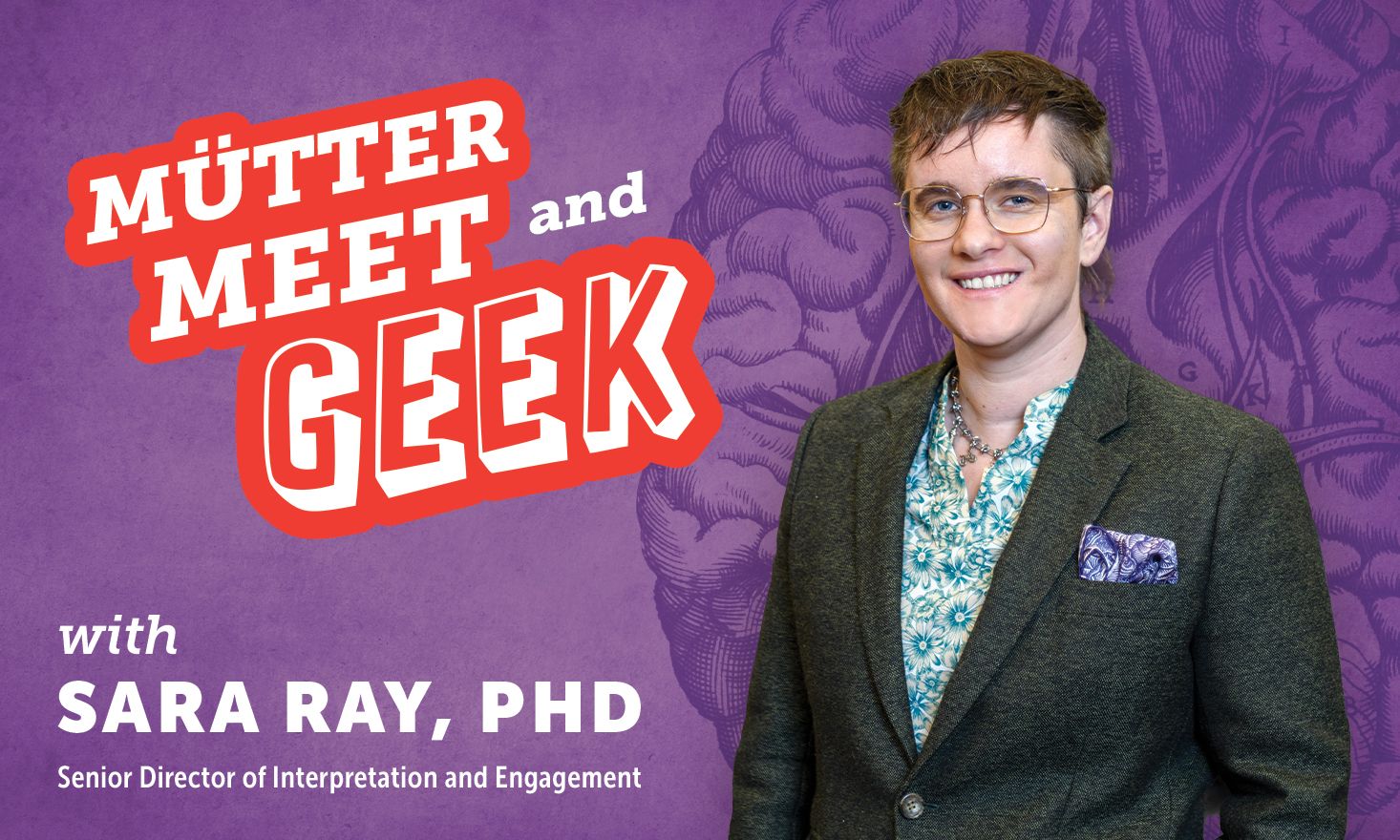 Purple background with a brain illustration and a smiling woman in the foreground with text reading "Mütter Meet and Geek"