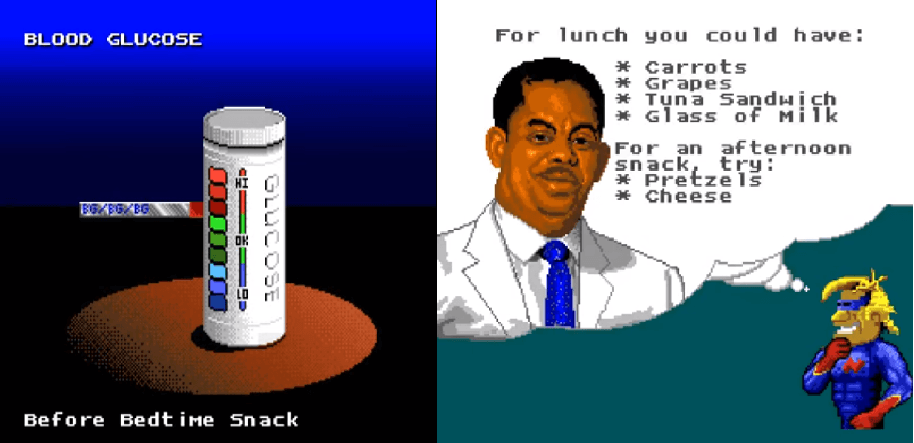 Two images from Captain Novolin that address maintainig blood sugar levels