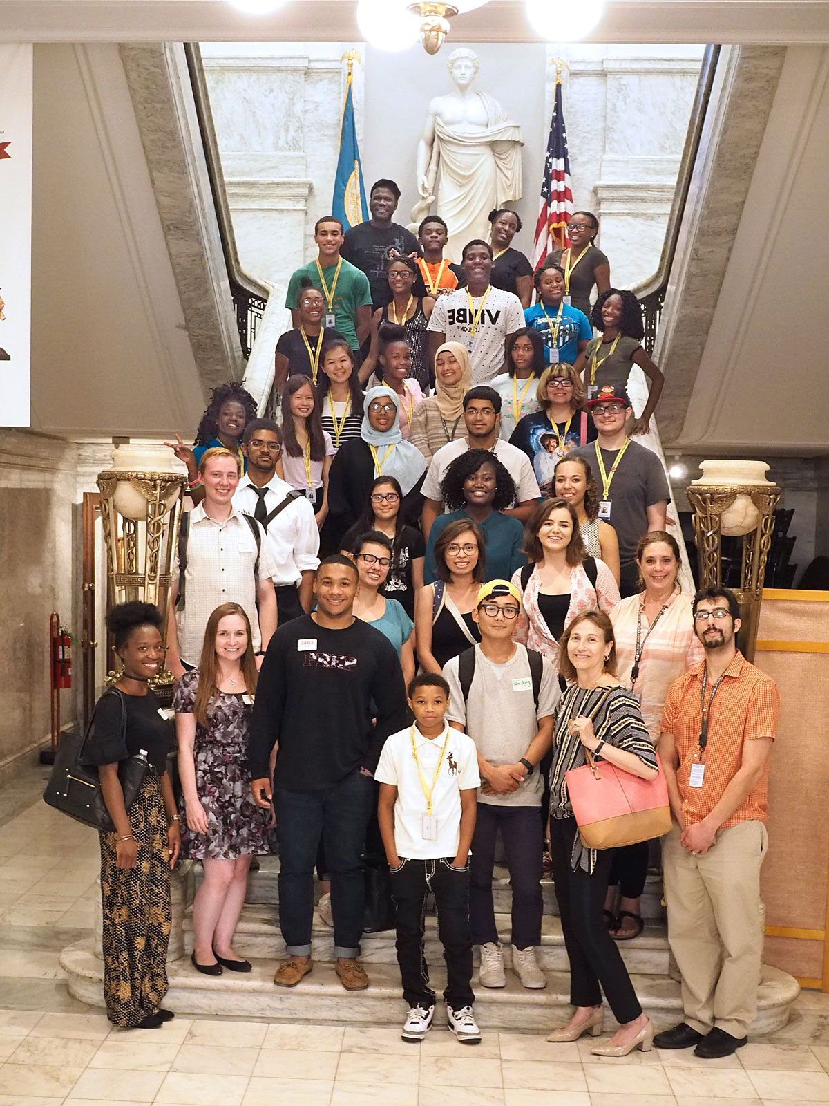 Students from the Karabots Junior Fellows and SUMR Scholars programs pose on the marble staircase at the College of Physicians of Philadelphia
